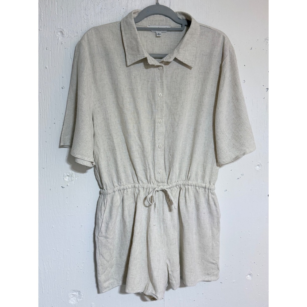 Davi & Dani Romper Womens Medium Beige Linen Blend Button Coastal Minimalist